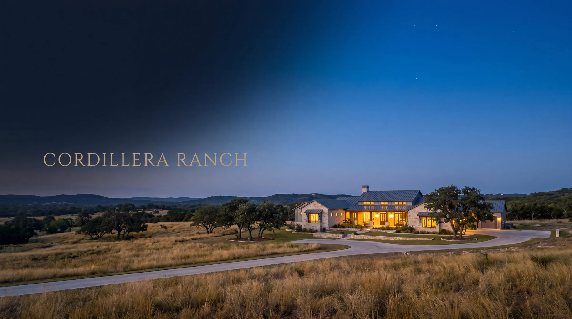 Cordillera Ranch Hill Country estate on acreage in Boerne, Texas at dusk