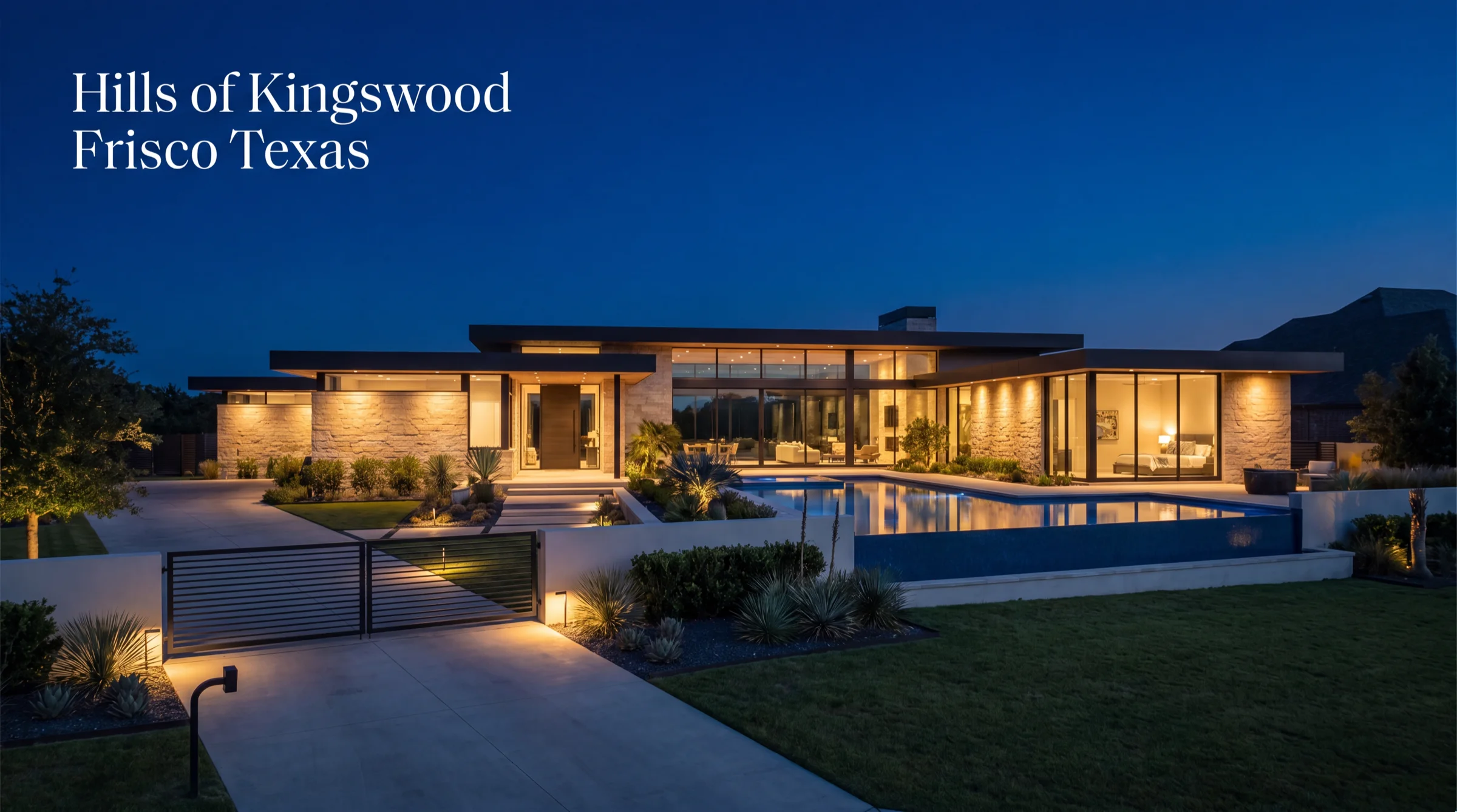 Hills of Kingswood modern luxury estate in Frisco, Texas at dusk