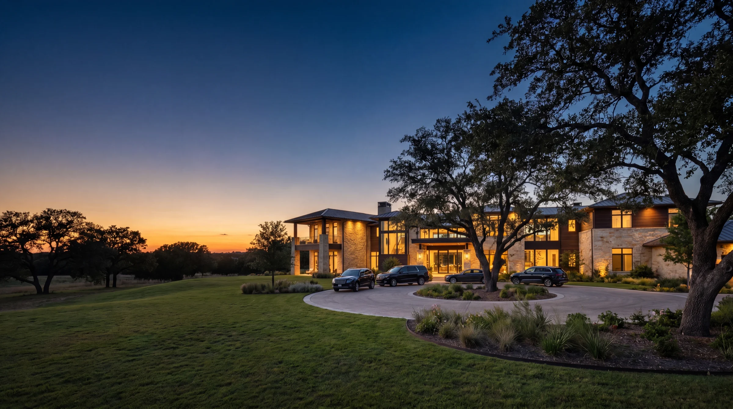 Luxury Texas estate exterior at golden hour