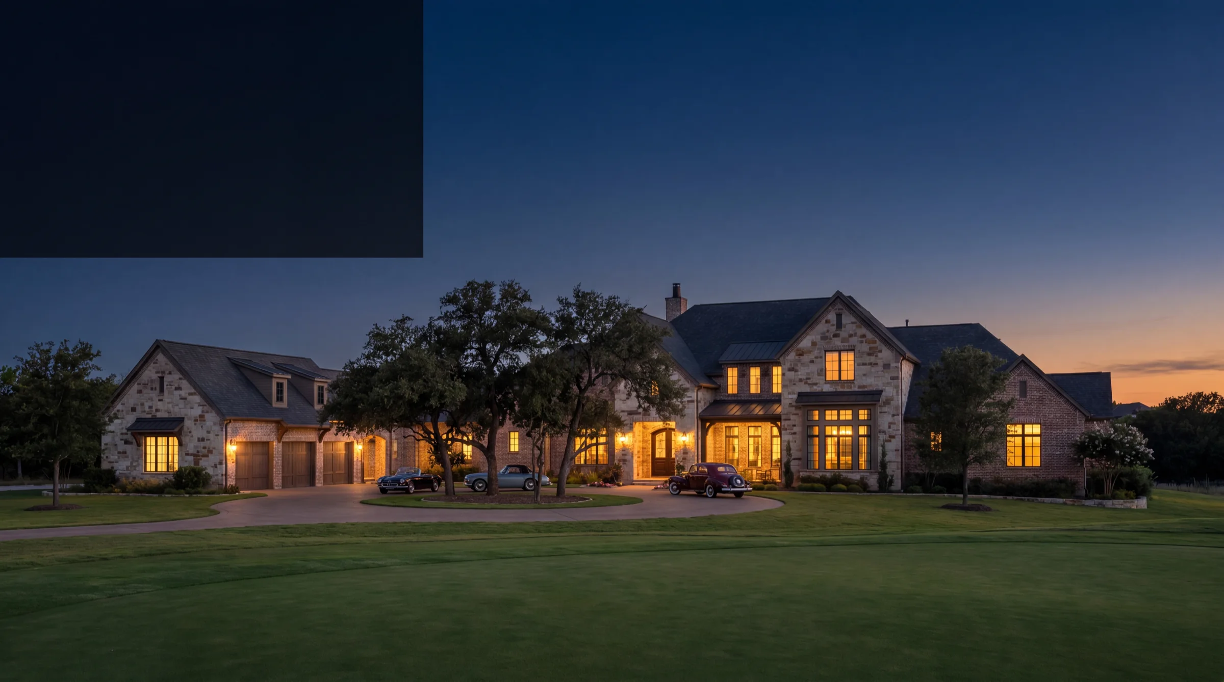 Vaquero guard-gated golf-community estate in Westlake, Texas at dusk